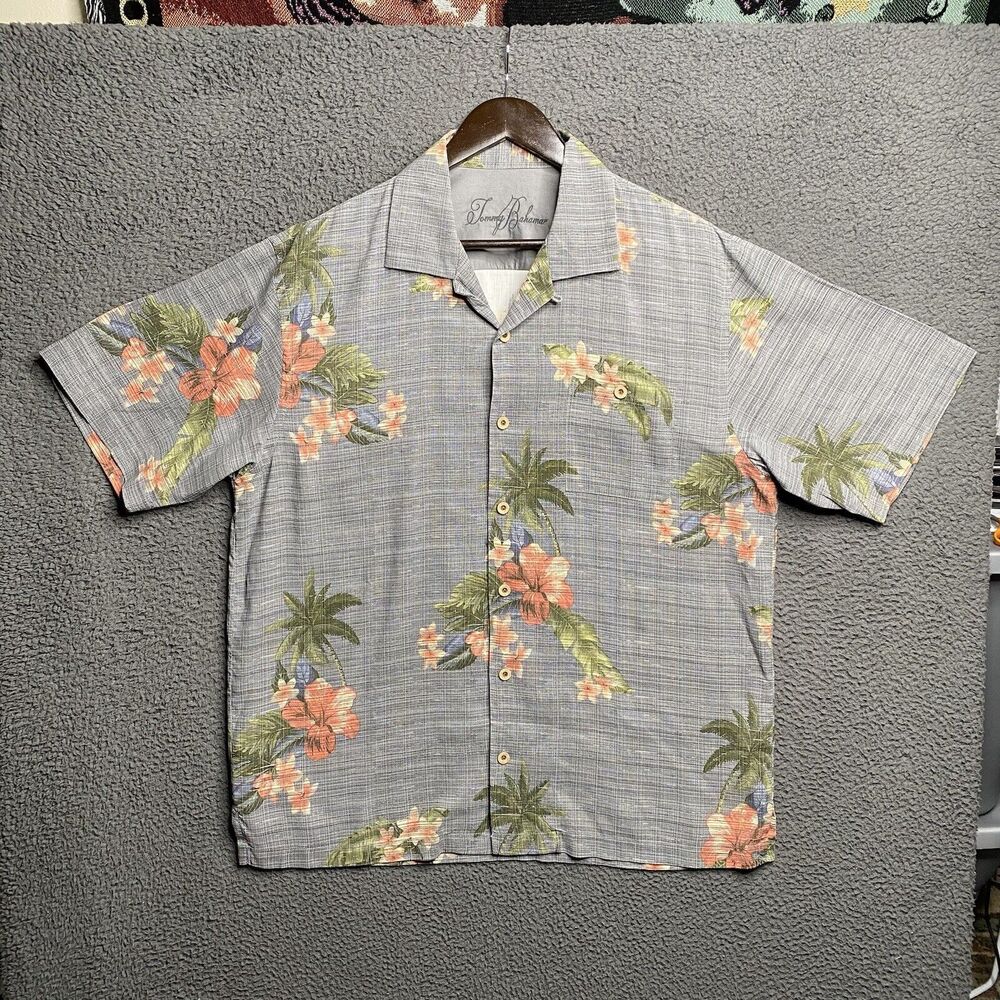 Tommy Bahama Hawaiian Shirt Mens Large Silk Floral All Over Print Loop Collar